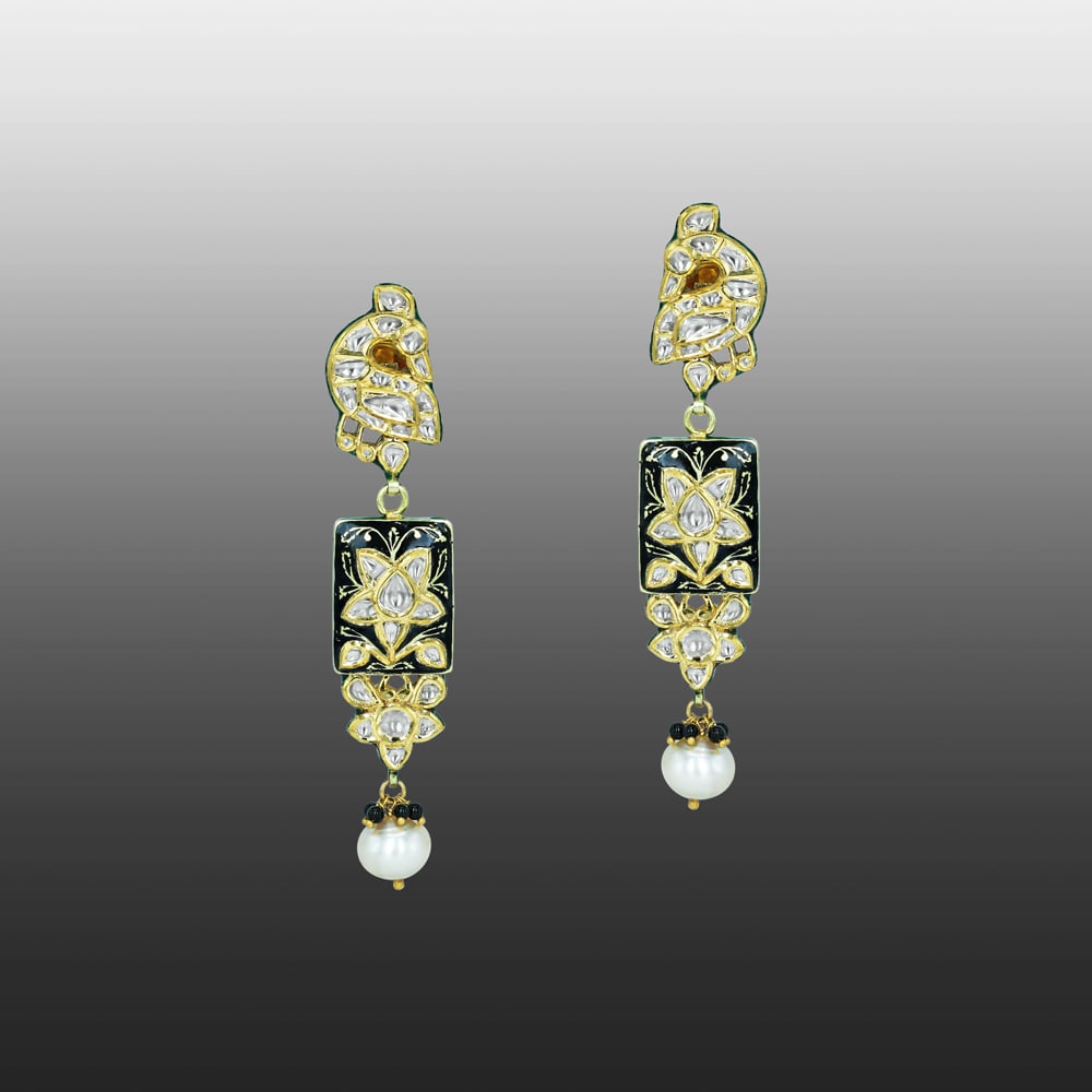 Polki Earrings with Black Enamel and Pearls